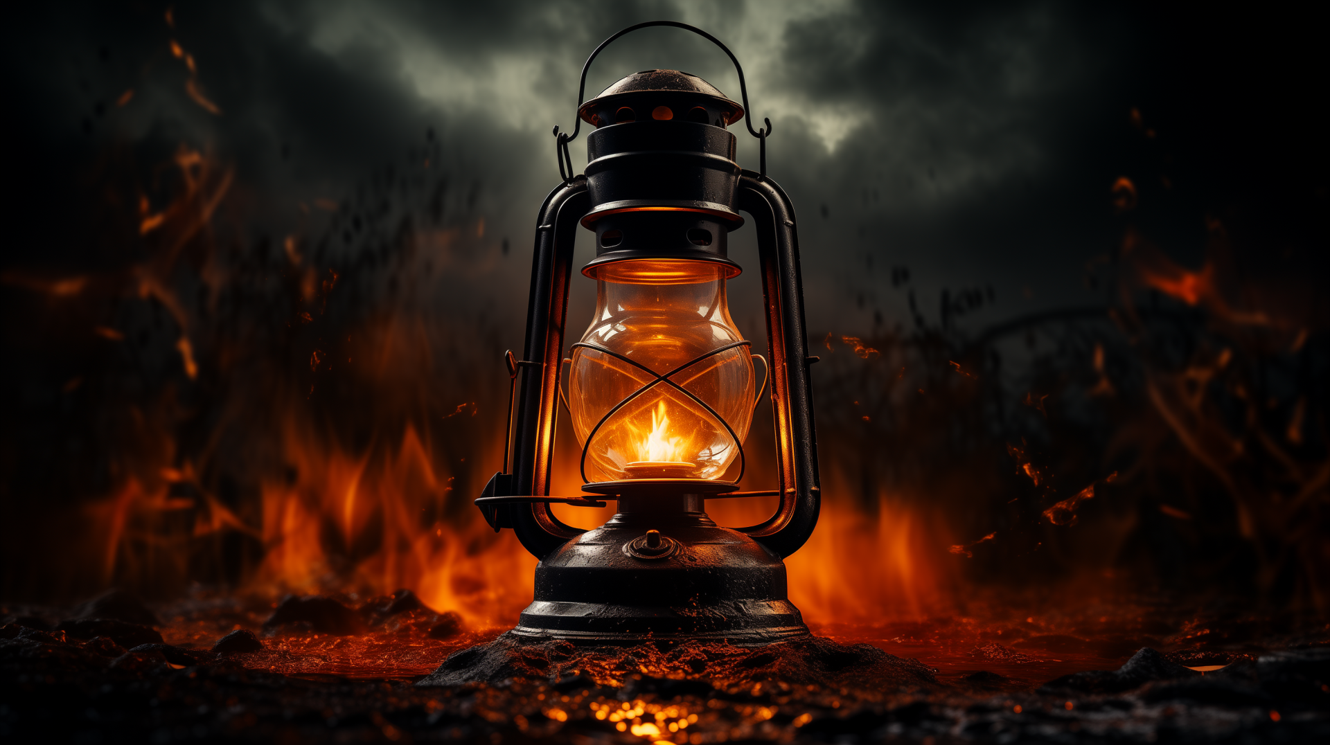 A striking HD desktop wallpaper featuring a glowing lantern amidst a dark, fiery background, evoking a sense of mystery and drama in a man-made setting.