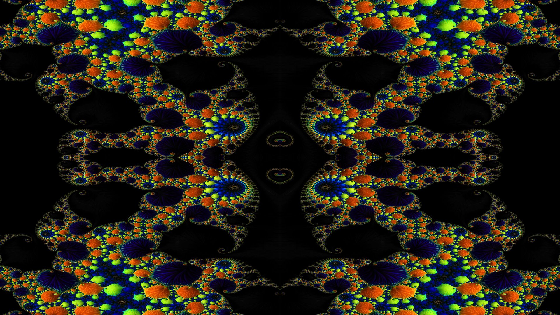 Trippy psychedelic dark fractal of kaleidoscopic colorful spirals on a black backdrop — abstract aesthetic 4K Ultra HD PC desktop wallpaper and background.