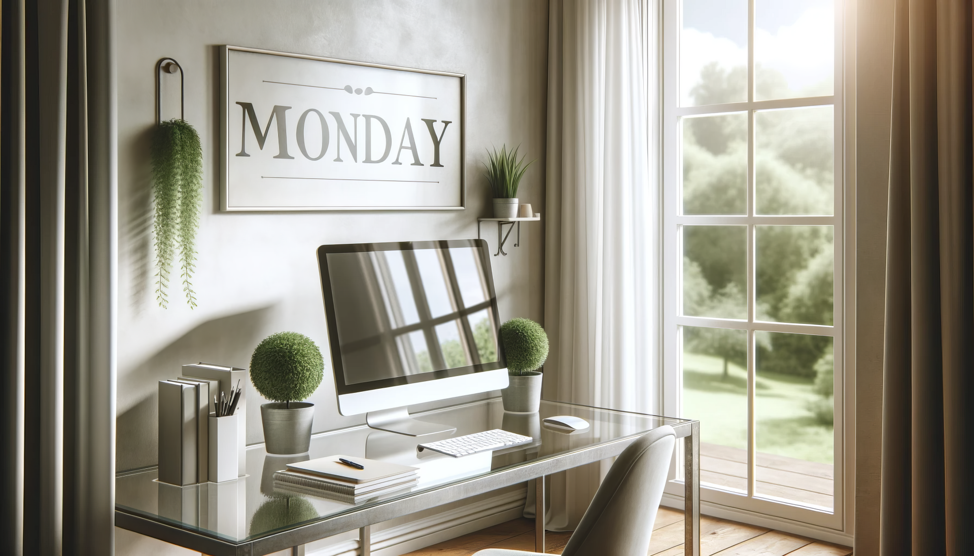 HD desktop wallpaper featuring a serene home office setup with a sign reading MONDAY on the wall, invoking a calm start to the week.