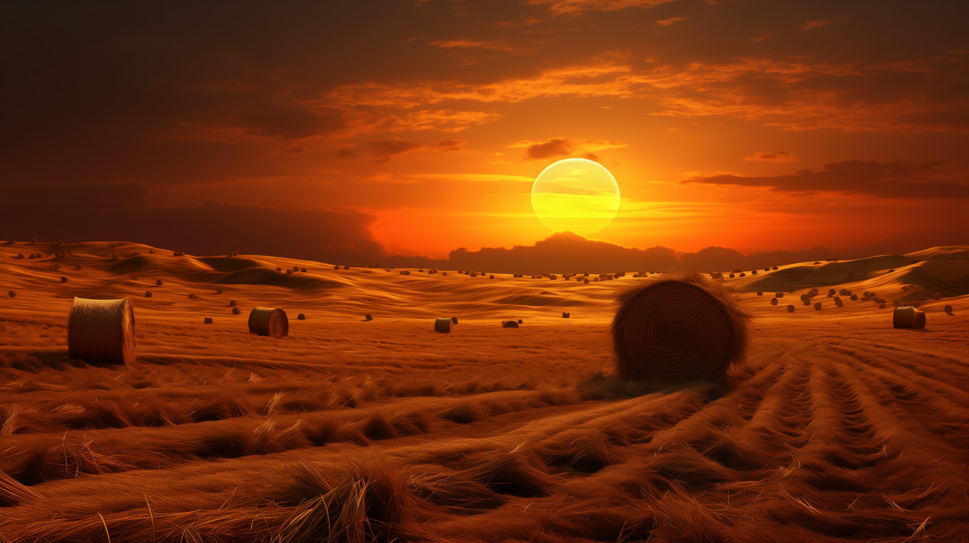 HD wallpaper of a wheat field at sunset, featuring golden hues and scattered bales of harvested wheat under a dramatic sky.