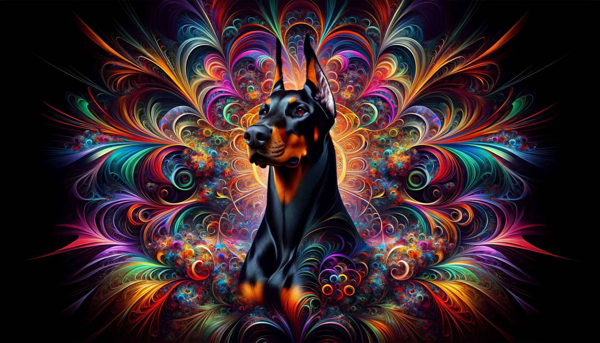 Colorful abstract art Doberman wallpaper with vibrant fractal patterns on a black background for HD desktop.