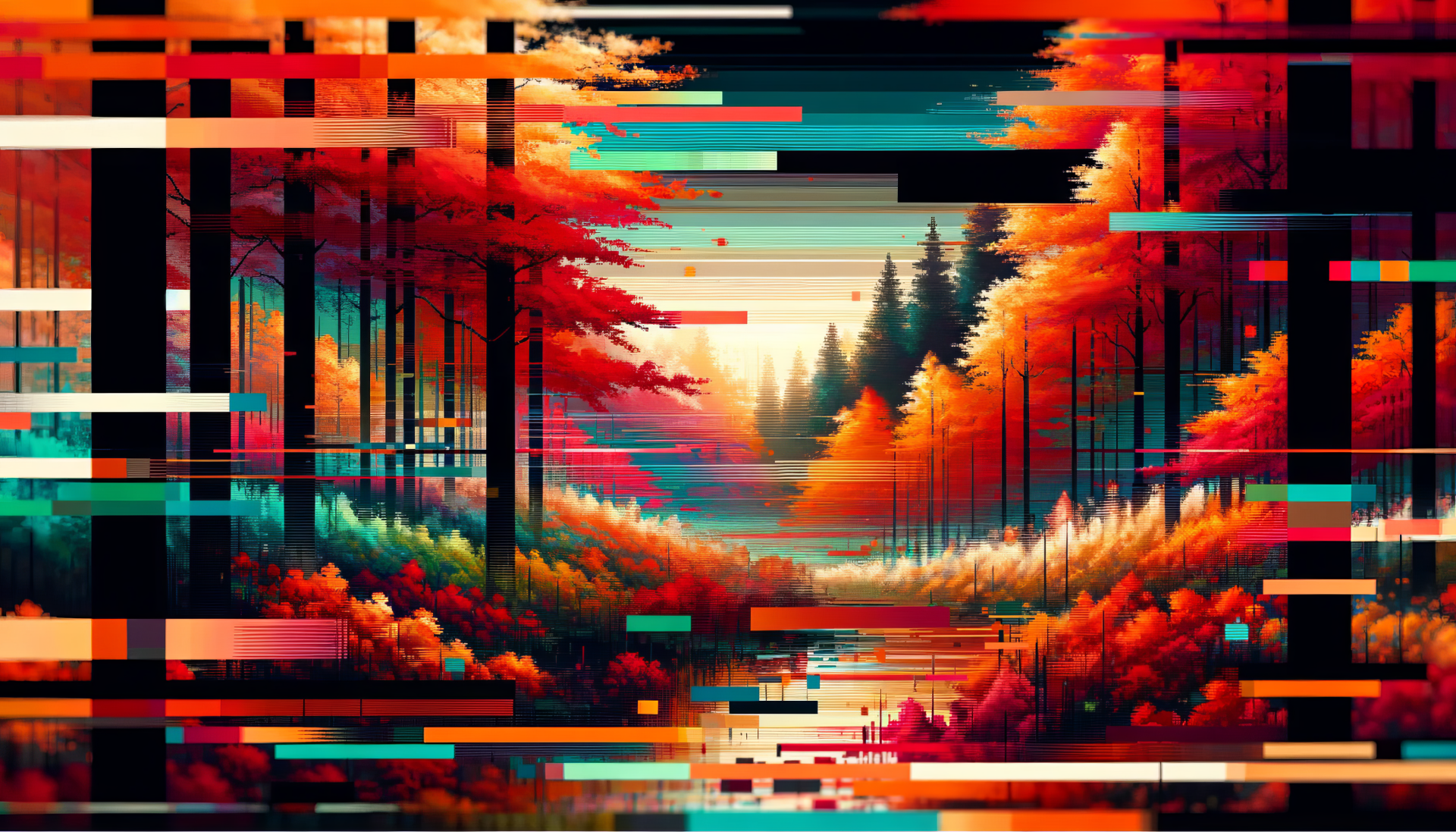 HD desktop wallpaper featuring a glitch art forest scene with vibrant fall colors.