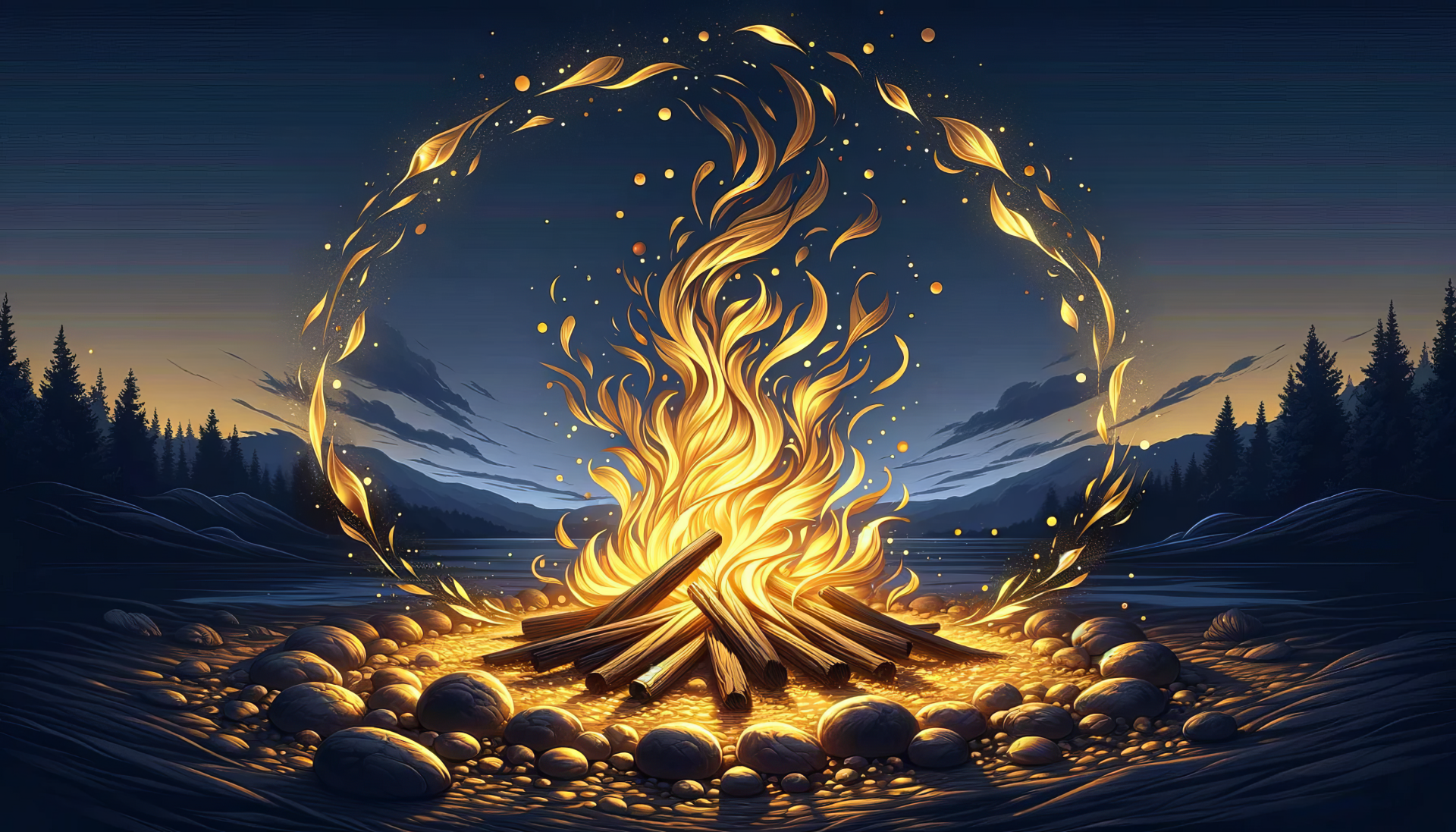 Vibrant campfire with swirling flames against a twilight forest background for HD desktop wallpaper.