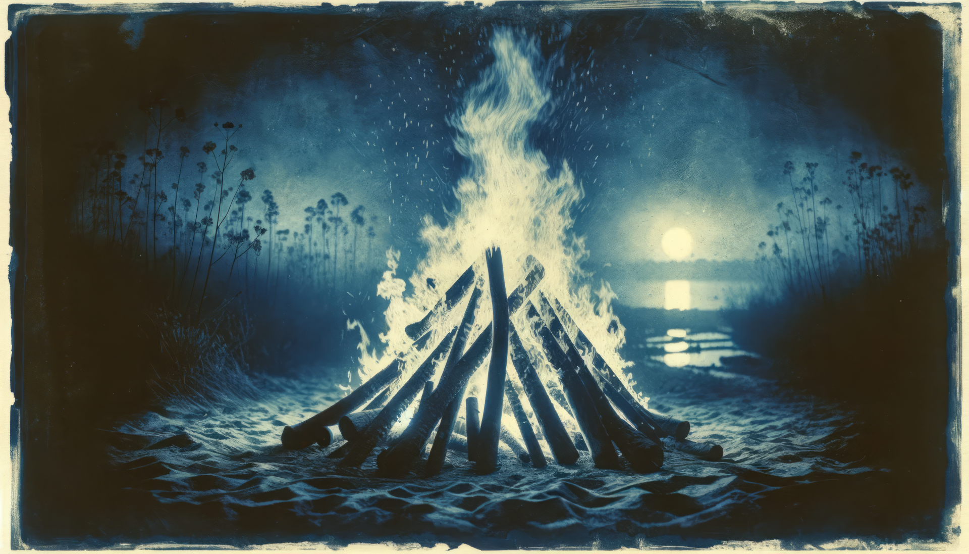 Campfire by the lake under moonlight in a vintage blue-tone HD wallpaper.