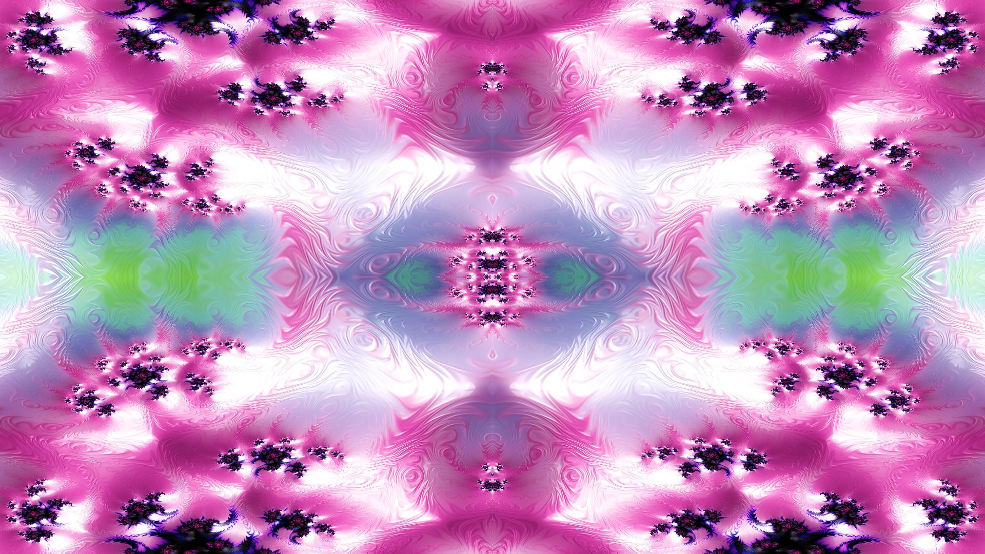 Vibrant trippy psychedelic fractal design in pink, purple, and green hues, creating an abstract, symmetrical 4K Ultra HD desktop wallpaper with a mesmerizing aesthetic.