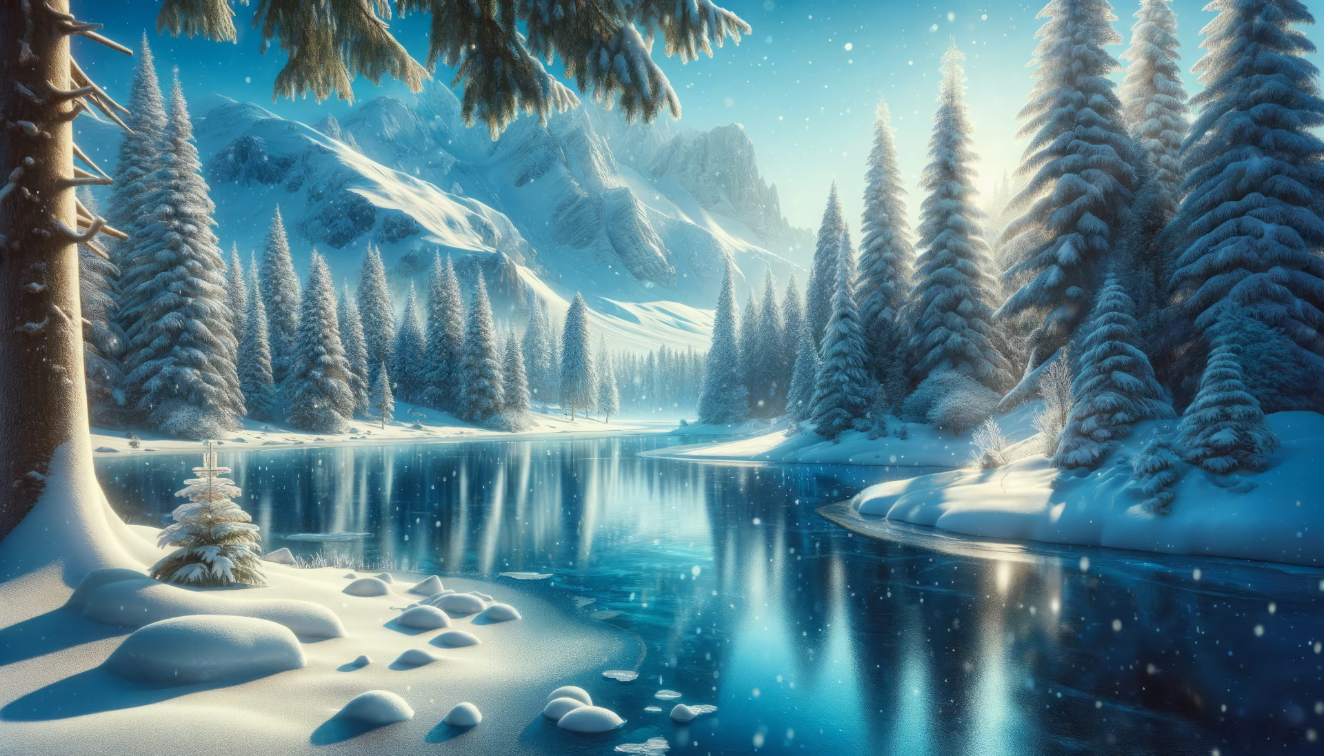 Winter wonderland scene with snow-covered trees and mountains reflected in a calm river for HD desktop wallpaper.