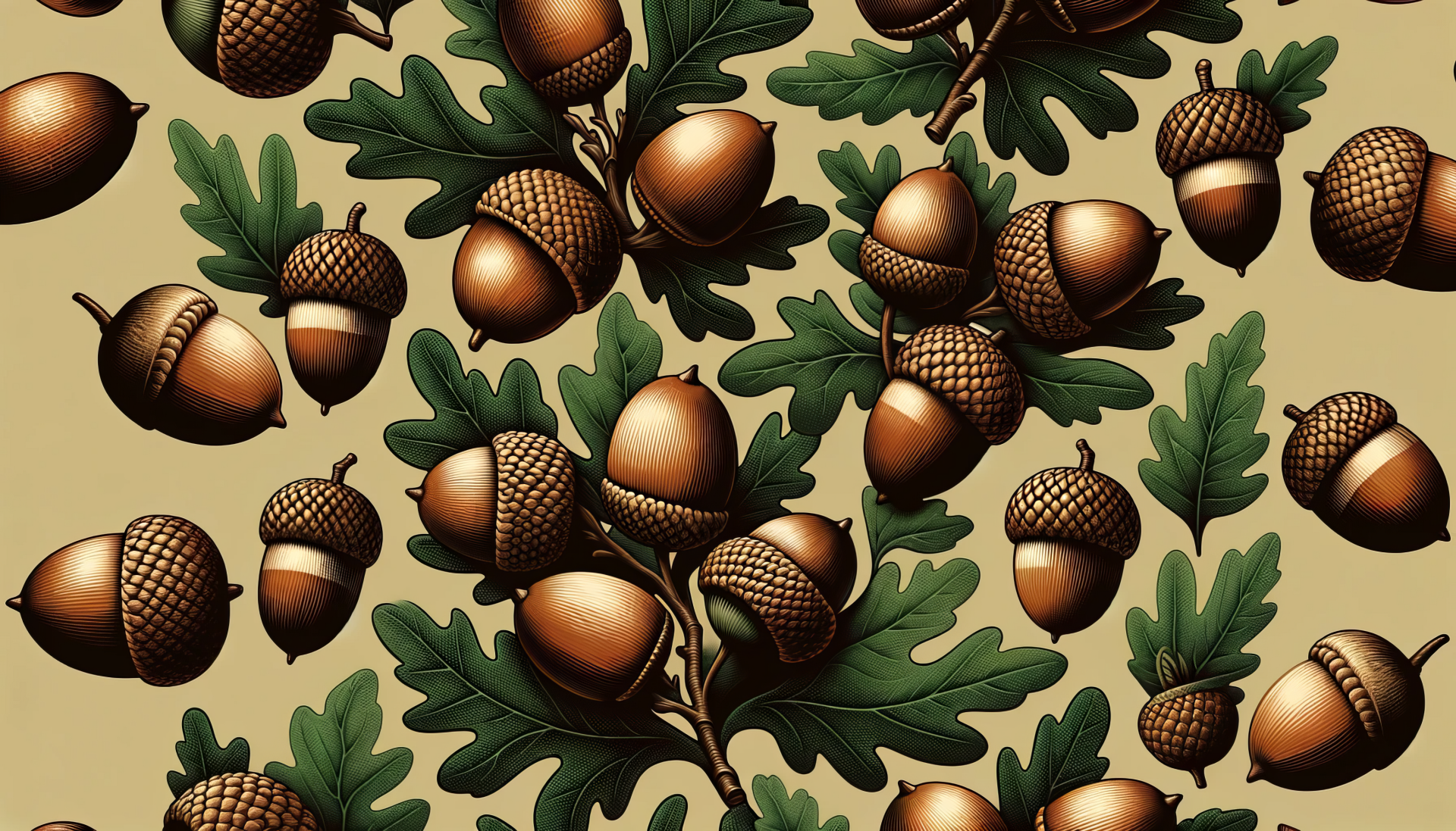 HD desktop wallpaper featuring a pattern of acorns and green leaves on a beige background.
