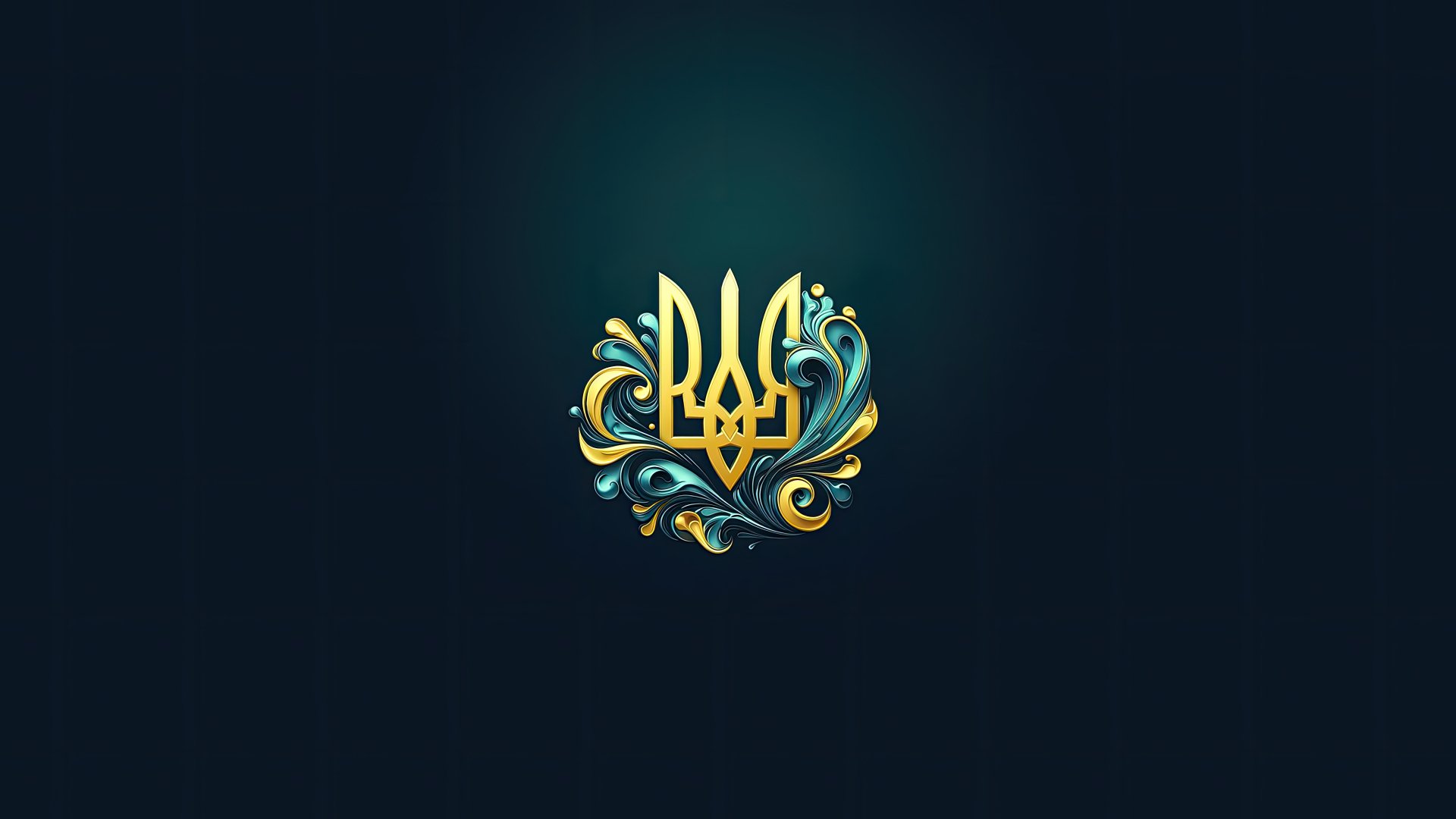 Ukraine's golden trident emblem adorned with blue and gold ornamental flourishes on a dark background, rendered as an 8K Ultra HD PC desktop wallpaper.