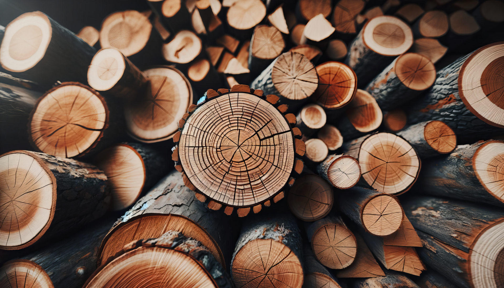 Close-up of neatly stacked firewood, showcasing tree rings and varying log shapes. This high-definition image serves as a warm and earthy desktop wallpaper.