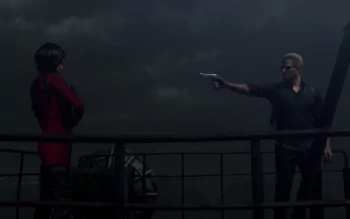 4K Ultra HD PC wallpaper from Resident Evil 4 (2023) Separate Ways remake: Ada Wong in red faces Leon S. Kennedy pointing a gun on a stormy ship deck.