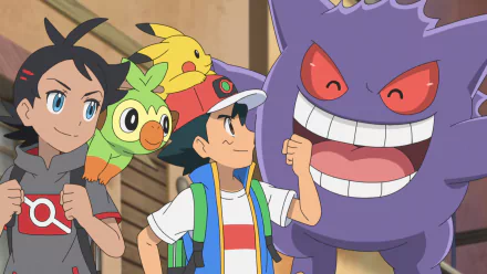 HD wallpaper of Ash Ketchum and Pikachu with Goh, Grookey, and Gengar from Pokémon Ultimate Journeys: The Series.