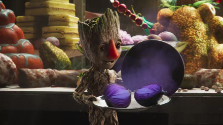 A vibrant HD desktop wallpaper from the TV show I Am Groot, featuring Groot holding a plate with purple fruit, surrounded by colorful produce in a fun, whimsical setting.