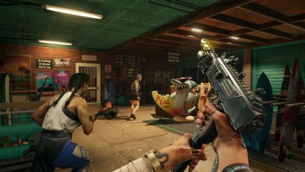HD Dead Island 2 desktop wallpaper featuring intense in-game action with armed characters in a tropical setting.
