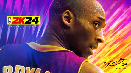 HD desktop wallpaper of Kobe Bryant in NBA 2K24 video game, featuring vibrant, colorful graphics and his signature.