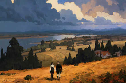 HD wallpaper of an artistic oil painting depicting a couple walking down a hill overlooking a scenic landscape with a lake and trees.