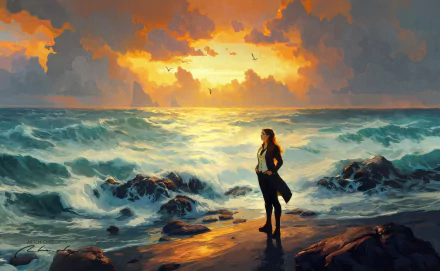 HD desktop wallpaper featuring an artistic oil painting of a woman on a beach at sunset, with vivid orange skies and turbulent ocean waves.