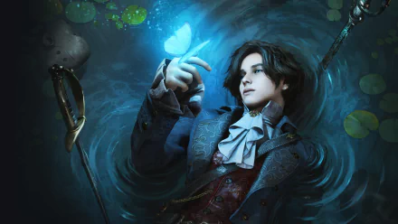 HD wallpaper from the video game Lies Of P featuring a male character in Victorian attire examining a glowing blue butterfly, surrounded by a mysterious blue swirl.