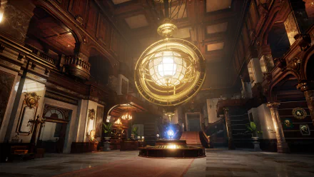 A stunning HD wallpaper from the video game Lies Of P, showcasing an opulent interior with a grand golden light fixture and elegant architectural details.