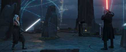 HD Wallpaper with Ahsoka Tano and Baylan Skoll in a lightsaber duel scene for desktop background.