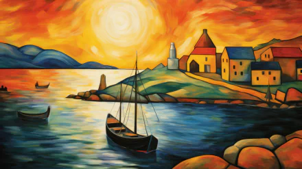 A vibrant Expressionist landscape painting features a sunset over a serene water scene, boats gently floating, and colorful houses on a hill, creating a dynamic and artistic desktop wallpaper.