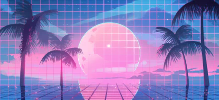 A vibrant vaporwave scene featuring a large pink moon, palm trees, and a grid landscape, all in retro wave aesthetics, creating an artistic HD desktop wallpaper.