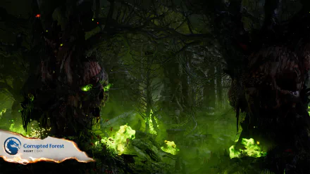 HD desktop wallpaper featuring a dark, mystical forest labeled Corrupted Forest from the video game Mortal Kombat 1, with eerie green lights and dense, twisted trees.