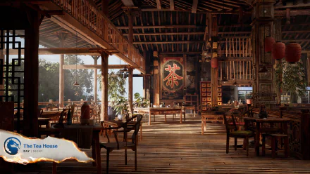 HD desktop wallpaper of a traditional tea house scene from the video game Mortal Kombat 1, featuring intricate woodwork and serene decor.