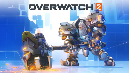 HD wallpaper of Reinhardt from Overwatch 2, depicted in battle armor with game logo in vibrant, digital backdrop.