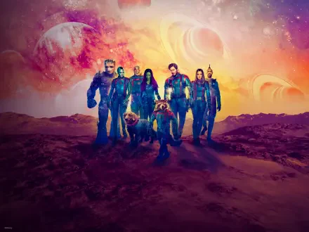 HD PC desktop wallpaper featuring the main characters from the movie Guardians of the Galaxy Vol. 3 standing on an alien landscape under a vibrant cosmic sky.