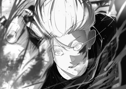 Black-and-white 4K Ultra HD PC desktop wallpaper featuring Satoru Gojo from the anime Jujutsu Kaisen with intense expression and dynamic shading.
