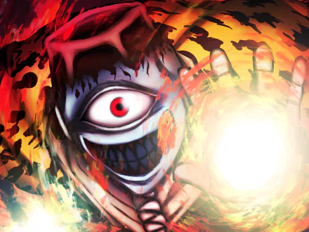 HD PC desktop wallpaper featuring Jogo from the anime Jujutsu Kaisen with fiery colors and intense expression.