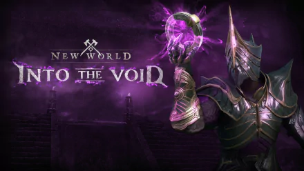 HD desktop wallpaper for the video game New World, featuring a knight in ornate armor under a purple sky, with the title Into the Void.