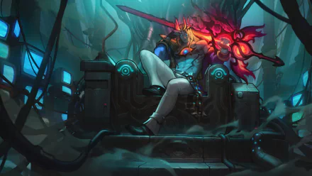 HD desktop wallpaper featuring Viego from League of Legends and Legends of Runeterra, depicted sitting on a throne surrounded by mystical energies and ruins.