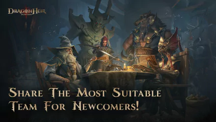 Dragonheir: Silent Gods HD wallpaper featuring fantasy characters strategizing around a map, with text 'Share The Most Suitable Team For Newcomers!'