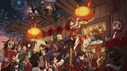 HD desktop wallpaper featuring a festive scene from the video game Dead By Daylight, showcasing characters celebrating with lanterns and fireworks.