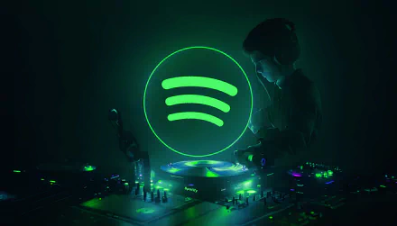 4K Ultra HD desktop wallpaper featuring a glowing green Spotify logo above a DJ mixing tracks in a dark, technology-driven environment.