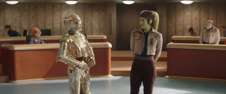 HD wallpaper featuring Hera Syndulla and C-3PO from the TV show Ahsoka (2023), showcasing their dynamic in a futuristic setting.