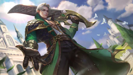 HD desktop wallpaper featuring Alucard from Mobile Legends: Bang Bang, posed dynamically with a sword against a backdrop of a bright, architectural skyline.