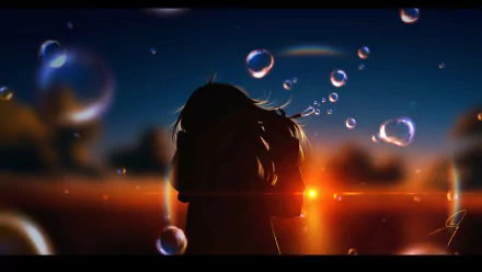4K Ultra HD PC desktop wallpaper of an anime girl silhouette at sunset, backlit by warm orange light with floating soap bubbles against a deepening twilight sky.