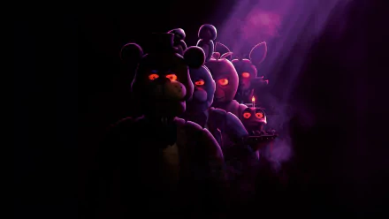 A haunting 8K Ultra HD wallpaper featuring iconic characters from Five Nights at Freddy's, shrouded in darkness with glowing red eyes and an eerie atmosphere.