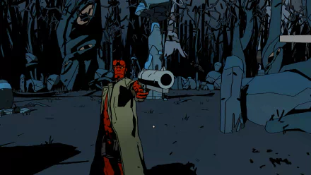 High-definition wallpaper featuring Hellboy from Hellboy: Web of Wyrd, standing poised with a large gun in a dark, atmospheric forest setting.