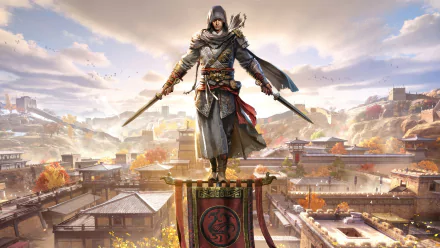 HD wallpaper of Assassin's Creed Jade featuring a character standing heroically atop a pillar with ancient Chinese architecture in the background.