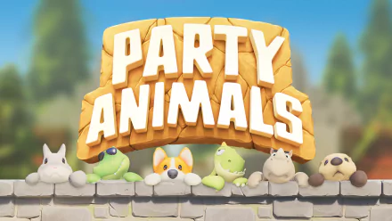 HD desktop wallpaper of Party Animals video game featuring cute cartoon animal characters below the game's logo on a stone wall.
