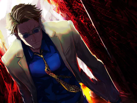 HD PC wallpaper featuring Kento Nanami from the anime Jujutsu Kaisen, highlighting his intense expression and signature suit against a dramatic red and black background.