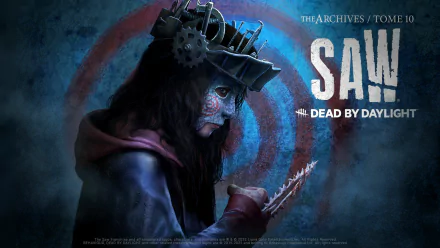 A chilling HD desktop wallpaper featuring a character from the video game Dead By Daylight, inspired by the SAW franchise, captures a dark atmosphere with intricate details.