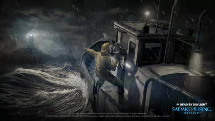 HD Dead by Daylight wallpaper featuring a tense moment on a stormy sea with a survivor clinging to a boat.
