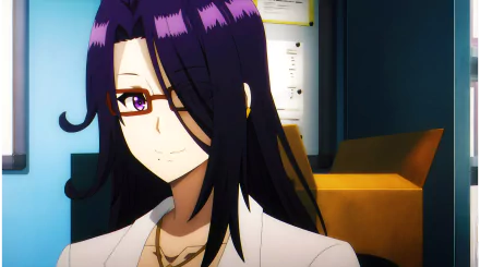 4K Ultra HD anime wallpaper featuring Aurora from The Eminence in Shadow, showcasing her with long dark purple hair and red glasses in a detailed indoor setting.