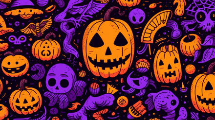HD desktop wallpaper featuring a vibrant Halloween theme with pumpkin heads, skulls, and candies in a playful, detailed pattern on a dark background.