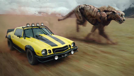 HD wallpaper from Transformers: Rise of the Beasts featuring a yellow car and a robotic beast in a dynamic chase.
