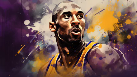HD desktop wallpaper of a basketball player in a yellow and purple jersey with a dynamic, artistic background.